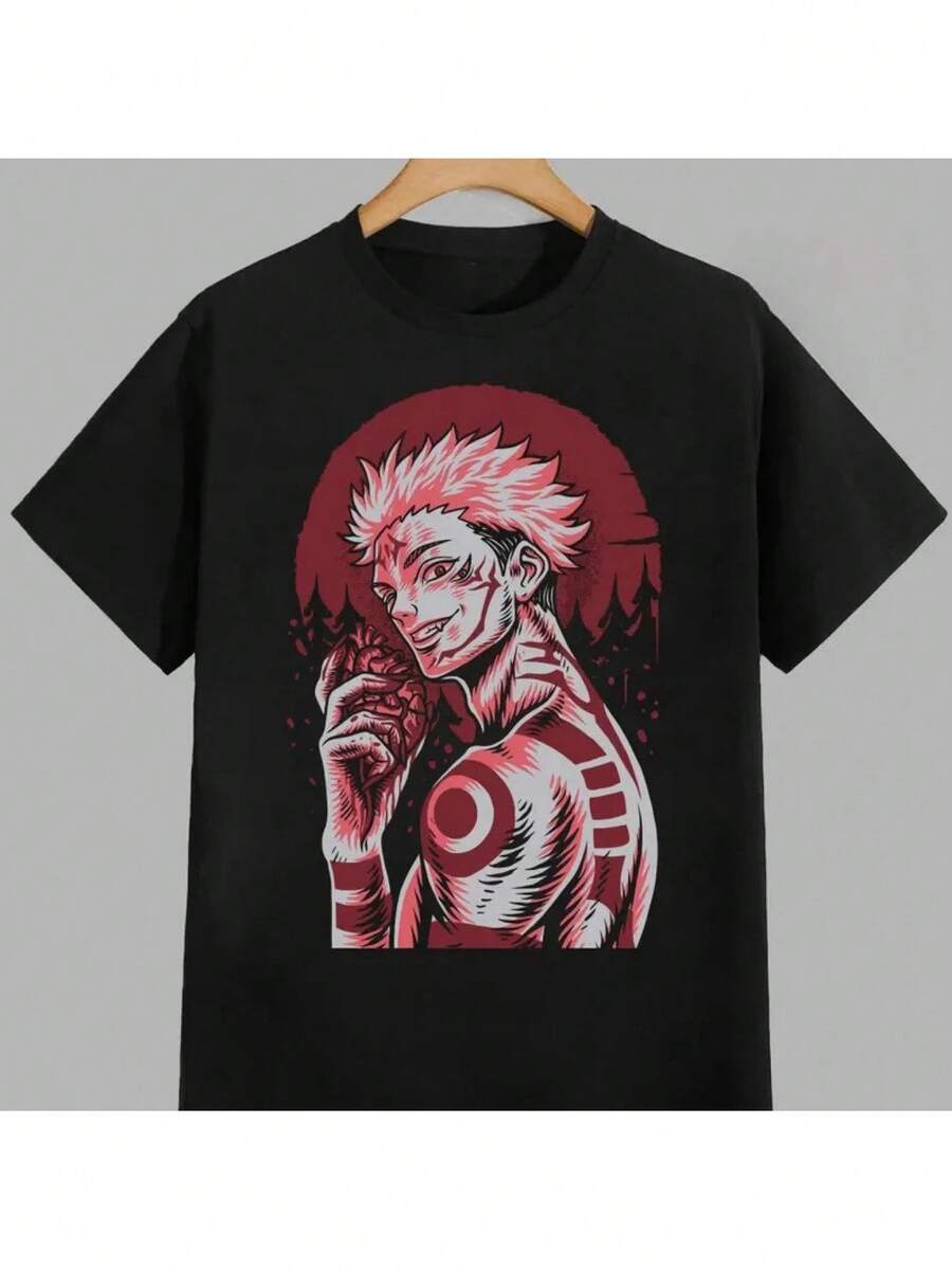 Camiseta de - Estampado de Anime Manga con la Cara y el Nombre de Gojo, Ropa Urbana de Personaje Japonés para Hombres y Mujeres, Cuello Redondo Casual y Ajuste Holgado para Todas las Estaciones (Lavable aáquina) - Serie de Acción - Negro - Ver 1