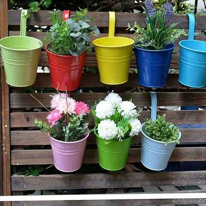 Bộ chậu trồng cây ban công phong cách mộc mạc, chậu hoa treo tường bằng kim loại, giá đựng hoa, chậu trồng cây, đồ trang trí làm vườn.