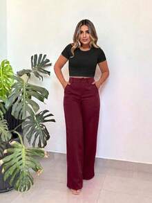 Serena Tailored Wide-Leg Trousers - Burgundy - View 1