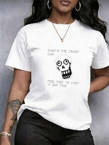 Camiseta para Mujer, Ropa de estampado integral de corazón que combina calavera y texto, corte holgado cuello, disponible en Talla Grande y Tallas Grandes, en estilo deportiva casual, urbano de moda urbana, ideal para diario casual y Uso Casual, prenda cómoda suave, Suave y Transpirable, cómodo y Transpirable - Blanco - Ver 11