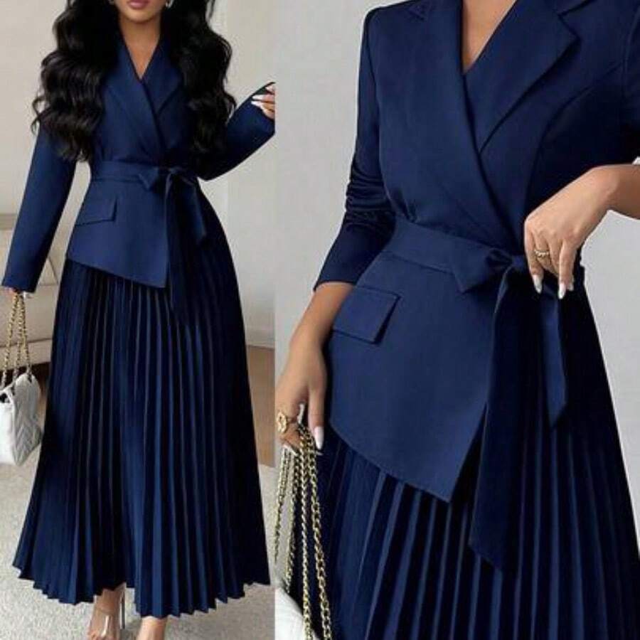 Raffinéa Women's Casual Versatile Commuting Patchwork Blazer Collar Long Sleeve Cinched Waist Pleated Midi Dress, Autumn/Winter Skirt Suits For Woman Blazer Skirt Set - Azul Marino - Ver 1