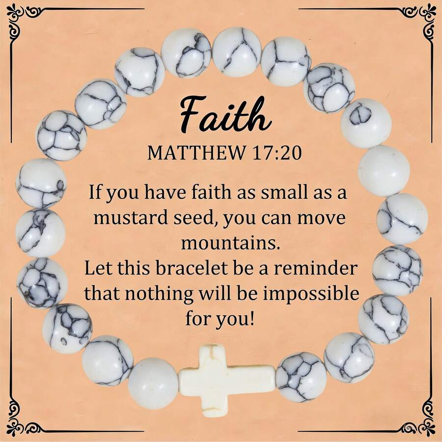 1pc 8MM Natural Stone & Artificial Crystal Bead Cross Charm Handmade Bracelet, Gift For Christian With Prayer Card - White - View 1