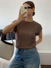 Camiseta casual de cuello redondo de manga corta de unicolor con textura de gofre, cómoda para el verano - Marrón - Ver 6