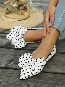 1 Par de Sapatos Femininos de Bico Fino com Decoração de Laço e Bolinhas, Forro Confortável, Slip-On Elegante e Versátil para Uso Diário e Passeios - Branco - Visão 6
