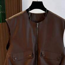 Chaleco corto sin mangas para mujer, con dobladillo de burbuja de unicolor fresco de otoño, cuello redondo con cremallera, de moda y versátil, ajustado negro de verano - Café integral - Ver 8