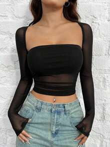 Playera De Malla Negra Y Ajustada Para Mujer - Negro - Ver 6