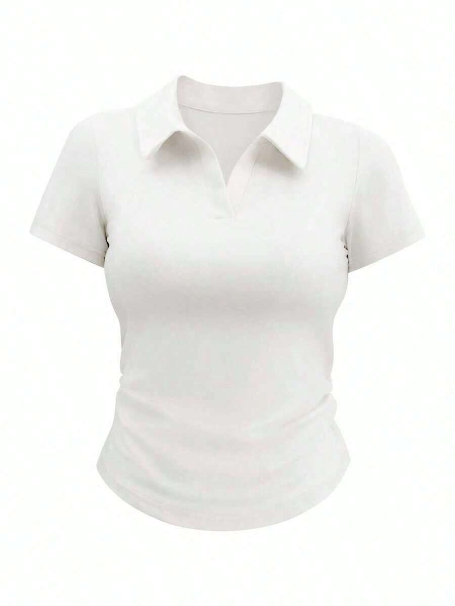 Camiseta de manga corta minimalista de unicolor para mujer, uso casual de todos los días - Blanco - Ver 1