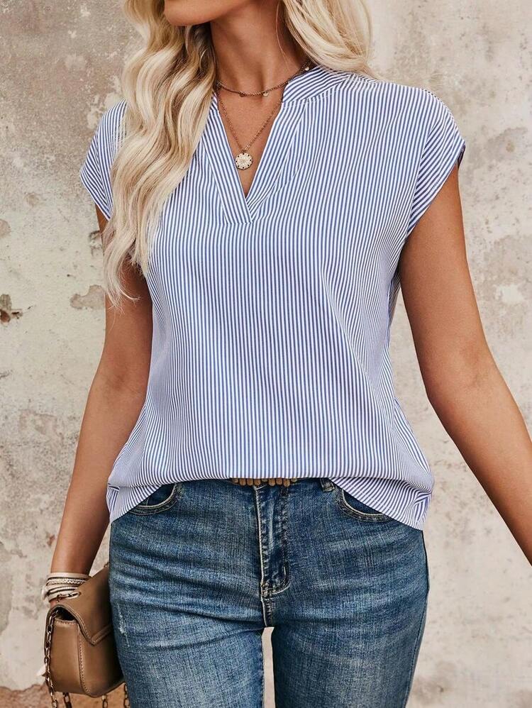 Camisa de manga corta casual y versátil con cuello de solapa y estampado de rayas - azul real - Añade 6