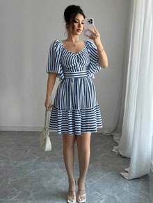 Elenzya Vestido de primavera y verano de talla media con rayas azules y blancas, manga corta, elegante y casual, con cintura ajustada para mujeres - Azul marino - Ver 5