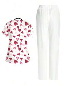Conjunto de 2 piezas con top de manga corta con cuello en V blanco con bolsillo y diseño de oreja colgante, estampado de mariposa y flores, y pantalón recto para mujer, uniforme de enfermera de primavera/verano, conjunto casual, uniforme - Multicolor 4 - Ver 2