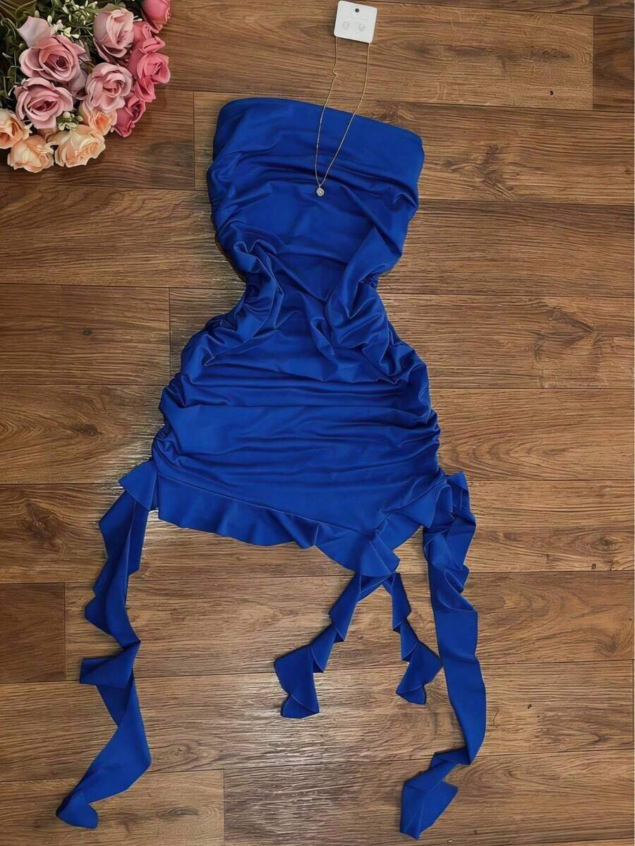 Elegante vestido ajustado de color vino tinto con cuello halter, con diseño asimétrico y fluido, perfecto para fiestas, vacaciones en la playa, festivales de música, salidas y citas, vestido ajustado de verano para mujer, vestido de fiesta para mujer - azul real - Ver 1