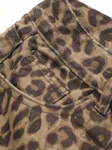 Falda vaquera casual con botones delanteros y bolsillos con estampado de leopardo - Marrón 5 - Ver 8