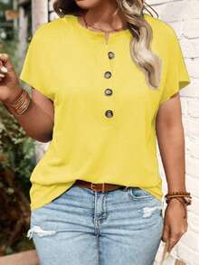 Camiseta de manga corta con botones talla grande - Amarillo - Ver 4