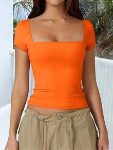 Camiseta de manga corta ajustada y sexy con cuello cuadrado de punto de unicolor para mujer Vaiaye, top de activewear para primavera/verano, adecuado para el Día de San Valentín en color rojo casual - Naranja - Ver 7
