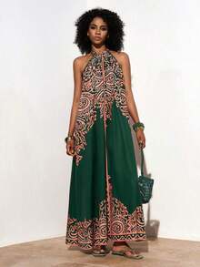 Vestido holgado de verano y primavera casual de vacaciones de cuello halter sin mangas con pliegues y bajo en A, color verde oscuro - vestido para mujer - Multicolor - Ver 8