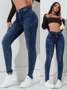 Jeans vaqueros de mujer ceñidos con bolsillos, informales y versátiles - Azul lavado oscuro - Ver 6