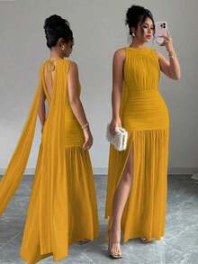 Vestido plisado con abertura y espalda descubierta de unicolor elegante para mujer, de verano - Amarillo - Ver 8