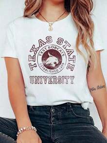 Camiseta con estampado oficial de los Texas State Bobcats, diseño vintage circular en blanco, cuello redondo, manga corta, cómoda, para primavera y verano, diseño unisex, deportiva y cómoda, tela suave, para uso diario casual, ideal para el hogar, adecuada para primavera, verano y otoño. - Blanco - Ver 7