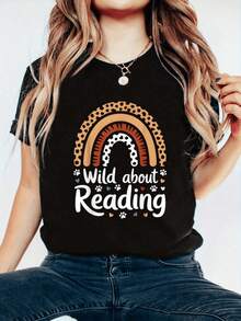 [Everything On ] Rainbow With Warm Tones And Footprint Patterns Symbolizing A Passion For Books And A Love Of Joyful And Creative Reading In Every Word. Comfortable Casual Women's T-Shirt For Literature Lovers. Cute T-Shirts For Women. - 風格 - 查看 8