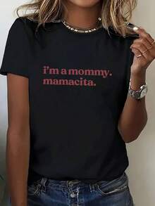 女款休閒酒紅色「I Am Mama. Mamacita」印花 - 寬鬆時尚媽媽風格/圓領短袖T恤，夏季、春季穿著黑色 - 黑色 - 查看 5