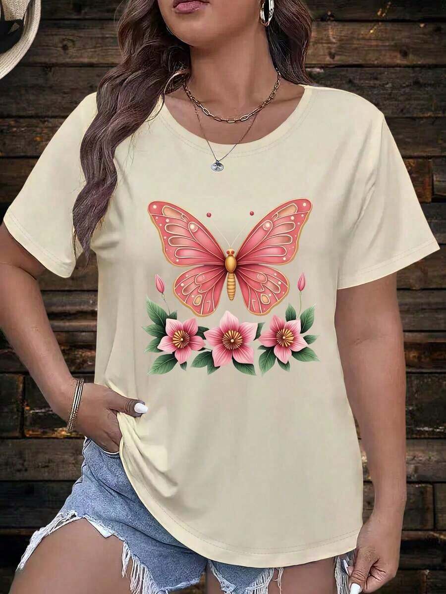 1 pieza de camiseta de verano para mujer - Camiseta casual de talla grande con estampado floral de mariposas - Manga corta, cuello redondo, corte holgado, lavable a máquina, cómoda para todas las estaciones, estilo femenino, tela suave. Protección de Cuerpo Completo 100% algodón - Albaricoque - Ver 1