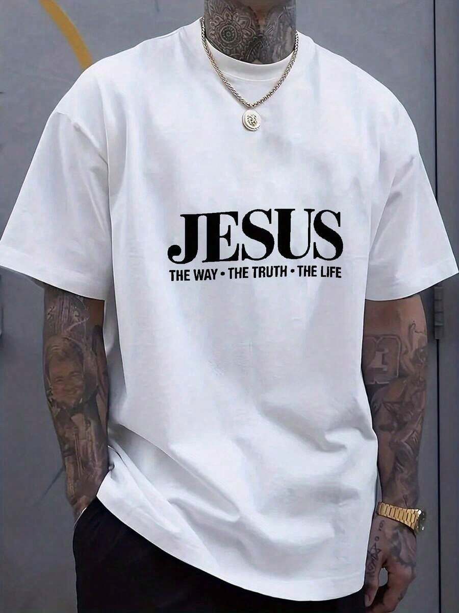 Camiseta de manga corta estampada "Jesus Path Truth Life" para hombre, estilo casual urbano, adecuada para uso diario y expresión religiosa, 100% algodón. - Blanco - Ver 1