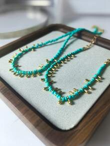2pcs/Set Bohemian Style Minimalist Water Drop Pendant Beaded Necklace & Bracelet Set, Suitable For Daily Wear, Party, Beach, Summer Jewelry Gift For Women - Green - View 4