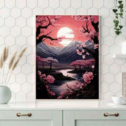 1pc Adult Diamond Painting Frameless Kit - Sunset Sakura Holiday Surprise Gift - DIY 5D Diamond Art Kit Full Drill Diamond Craft Home Decor - 30X40cm / 11.8X15.7 Inch
