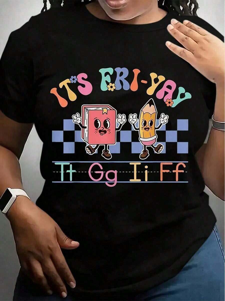 1 camiseta de algodón con la frase "Happy Friday Lovers Fun FriYay TGIF Teacher School", regalo para hombres, mujeres, papá, mamá, amigos, color negro, 180g, 100% algodón, los diseños están impresos. Unisexo. - Negro - Ver 1