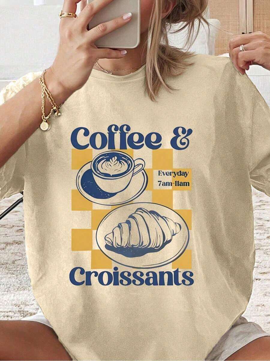 1pscY2K Top de Verano para Mujer, Bonito y Divertido. Camiseta de Mujer con Estampado de Letras de Dibujos Animados, Diseño "Coffee And Croissant, Breakfast Club", Adecuada para Varias Ocasiones, como Regalo para Festivales, Cumpleaños, Festivales de Música, Día de la Madre, Pascua, Temporada de Graduación, Casual y Versátil, Cómoda, para Vacaciones en la Playa, Sencilla y a la Moda, Adecuada para el Uso Diario de Mujeres y Niñas. 100% algodón - Albaricoque - Ver 1