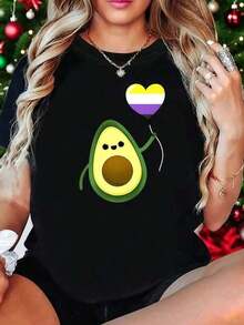 playeras de algodón mujer 1pscCamiseta de mujer talla con estampado de aguacate y globo con orgullo no binario, de manga corta, gráfico divertido,% poliéster, cuello redondo, informal, 220g100%cotton ropa de mujer  Daily home top - Negro - Ver 7