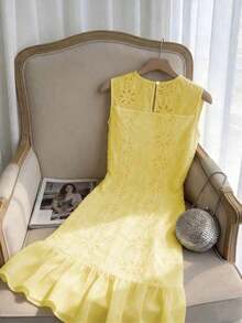 Vestido camisero elegante y romántico para mujer, con cuello redondo, sin mangas, plisado de gasa y bajo en línea A, color blanco - Rojo - Ver 7