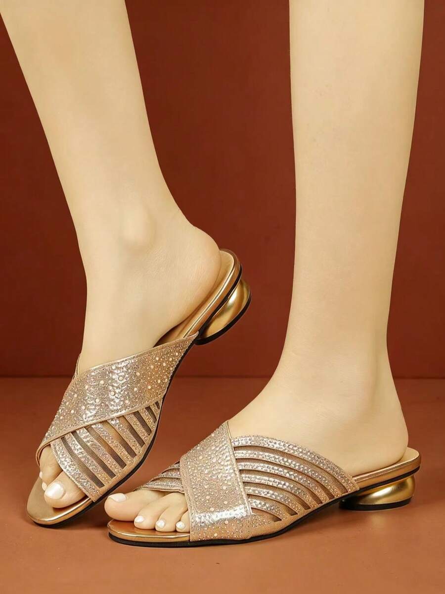 Sandalias de verano para mujer, sandalias de tacón bajo cómodas y de punta abierta, con decoración de strass dorados, sandalias deslizantes de moda