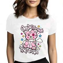 Tops para mujer holgada con estampado gráfico para niñas - Estampado frontal de un oso de peluche y letras, estilo casual para la vuelta al cole. - Blanco - Ver 10
