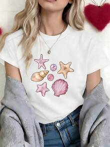 Coastal Pink Seashell Starfish Pearl Graphic T-Shirt, 100% Cotton Oversized Soft Breathable Beachy Tee, Casual Crewneck Short Sleeve Top For Summer Vacations & Beach Trips - 白色 - 查看 3