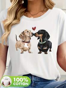 Camiseta Casual de Manga Corta para Mujer con Estampado de Dachshund Lindo - Cuello Redondo , Top de Verano Lavable a Máquina y Transpirable, Camisetas Relajadas, Diseño Divertido - Negro - Ver 6