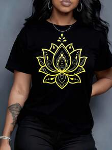 1 pieza de camiseta de manga corta para mujer, en blanco y negro, para actividades al aire libre y ocio en casa, 220g, diseño de mandala de flor de loto, camiseta para mujer, yoga, arte espiritual, camiseta de algodón blanca con patrón amarillo y gris, estilo boho, ropa casual, regalo para fiestas y vacaciones, 100% algodón. ropa de calor mujer - Negro - Ver 1