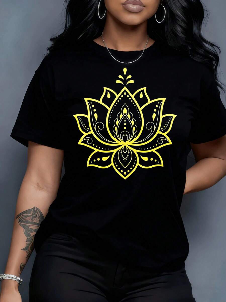 1 pieza de camiseta de manga corta para mujer, en blanco y negro, para actividades al aire libre y ocio en casa, 220g, diseño de mandala de flor de loto, camiseta para mujer, yoga, arte espiritual, camiseta de algodón blanca con patrón amarillo y gris, estilo boho, ropa casual, regalo para fiestas y vacaciones, 100% algodón. ropa de calor mujer - Negro - Ver 1