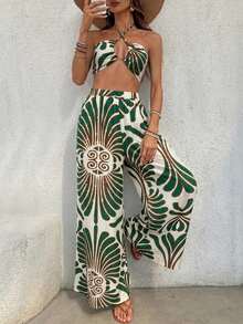 Conjunto de 2 piezas para mujer con top corto de cuello halter estampado tejido y pantalones de pierna ancha de cintura alta - Verde - Ver 7