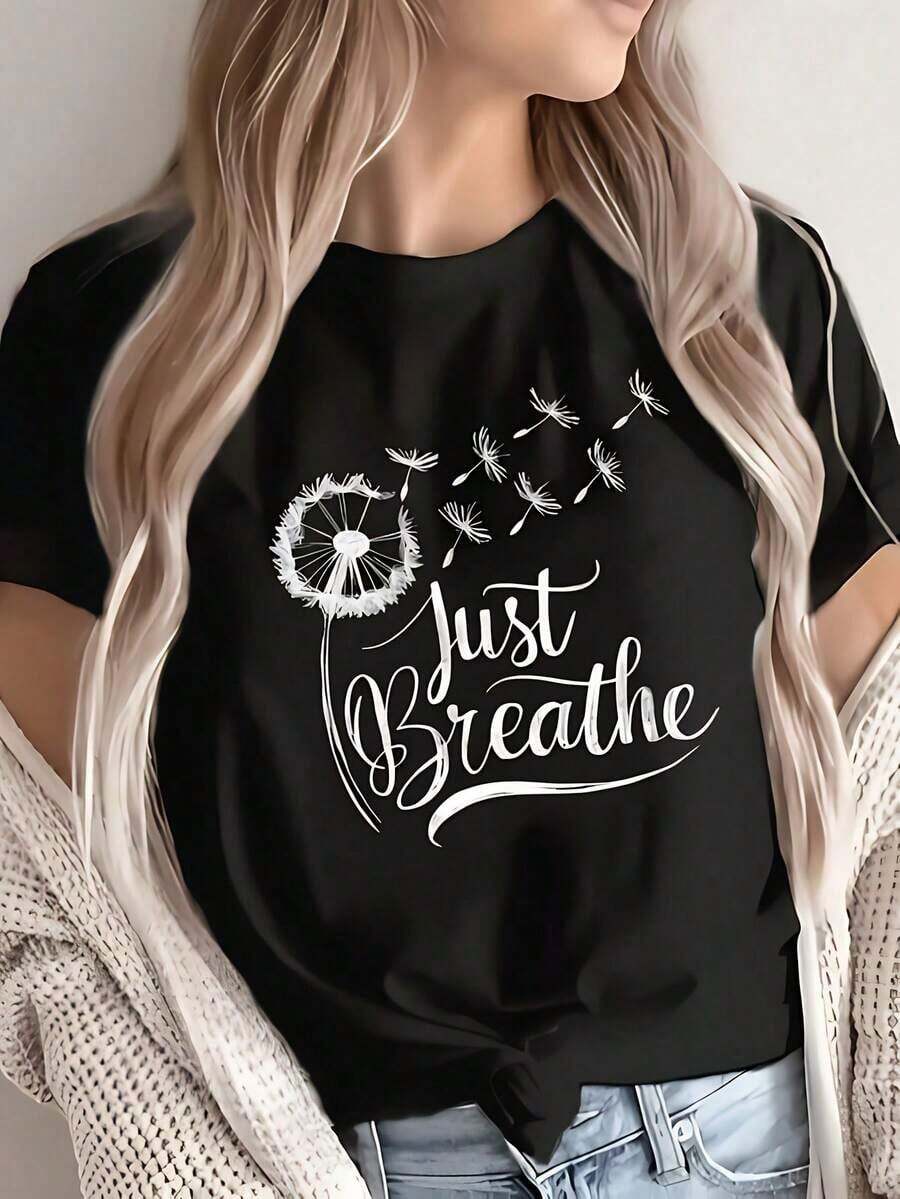 ropa de mujer Camiseta de mujer con estampado de diente de león "Just Breath" - Camiseta casual de manga corta con cuello redondo suave, con estampado blanco, ropa casual cómoda camisas de mujer - Negro - Ver 1