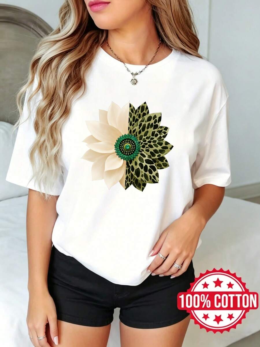 Camiseta estamp de manga corta y cuello redondo para mujer, verano, estilo casual Diseño de Impresión de Leopardo de Girasol S-3XL 100% aodón material