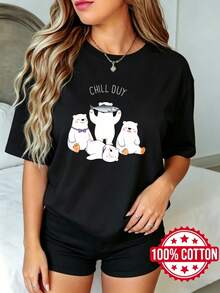 Camiseta negra de manga corta, cuello redondo y estampado para dama, verano, estilo casual Relarse Duy Osos Polares Pescado S-3XL moda 100% aodón material - Negro - Ver 2