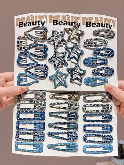 18pcs Random Minimalist Versatile Plaid, Polka Dot, Leopard Print Side Bangs Hair Clips, Suitable For Daily, Washing Face, Vacation, Back To School Occasions
