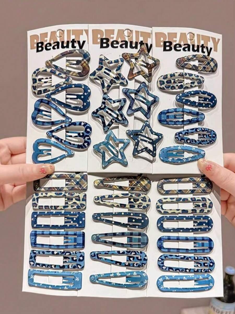 18pcs Random Minimalist Versatile Plaid, Polka Dot, Leopard Print Side Bangs Hair Clips, Suitable For Daily, Washing Face, Vacation, Back To School Occasions - Blue - View 1
