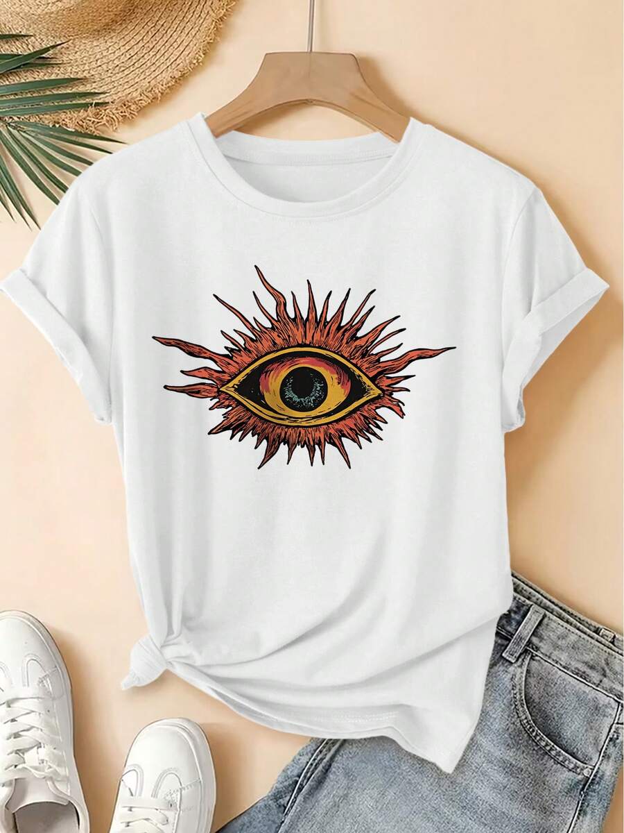Women's T-Shirt, Summer Clothes For Women, All-Seeing Eye Print, Simple Retro Style, Round Neck, Short Sleeve, Casual Style, Plus Size Women's Clothing, T-Shirt, Fashionable For Work, Vacation, Versatile For Everyday Wear, Stylish Retro Top. - 白色 - 查看 1