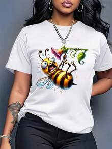 Plus Size - Women's Oversized T-Shirt - 200 G/M² Loose-Fitting Vintage Print T-Shirt, Casual Black Top For Everyday Summer Wear, A Seasonal Wardrobe Essential, Simple Cartoon Design, Breathable Fabric, Short Sleeves, Plus Size - Sizes S-3XL, Perfect For Layering Or Wearing Alone. Women's Summer Graphic Tees, Casual Printed Short-Sleeve Crew Neck Tee, Local Spring/Summer Streetwear. - 白色 - 查看 8