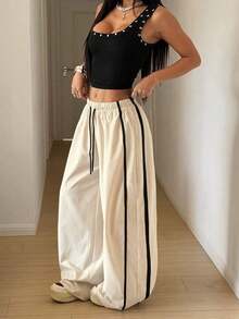 HypeZone Pantalones deportivos casuales de pierna ancha con cintura con cordón - Caqui - Ver 8
