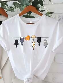 [Cute Cat, Plus Size T-Shirt] Women's Plus Size Casual Cartoon Cat Design Short Sleeve T-Shirt, Round Neck, Breathable Fabric, Machine Washable, Spring Summer Clothing For Women - 白色 - 查看 1