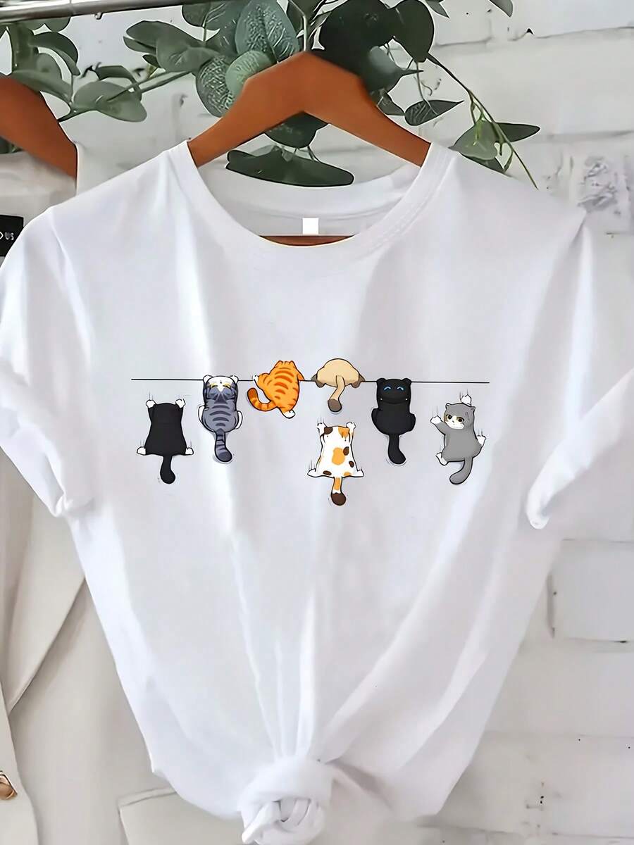 [Cute Cat, Plus Size T-Shirt] Women's Plus Size Casual Cartoon Cat Design Short Sleeve T-Shirt, Round Neck, Breathable Fabric, Machine Washable, Spring Summer Clothing For Women - 白色 - 查看 1