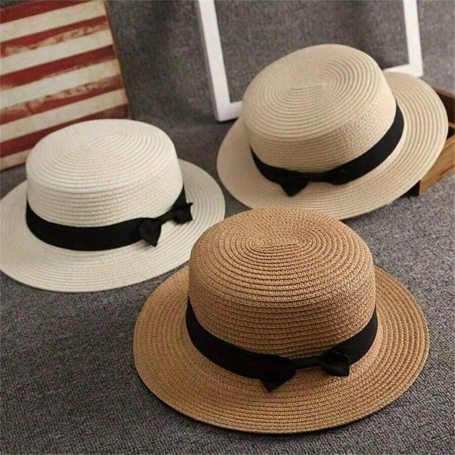 1 chiếc mũ rơm kiểu Pháp Boho thắt nơ bằng sợi raffia dành cho nữ, mũ Panama chống nắng mùa hè đi biển. - nhiều màu - Xem 1